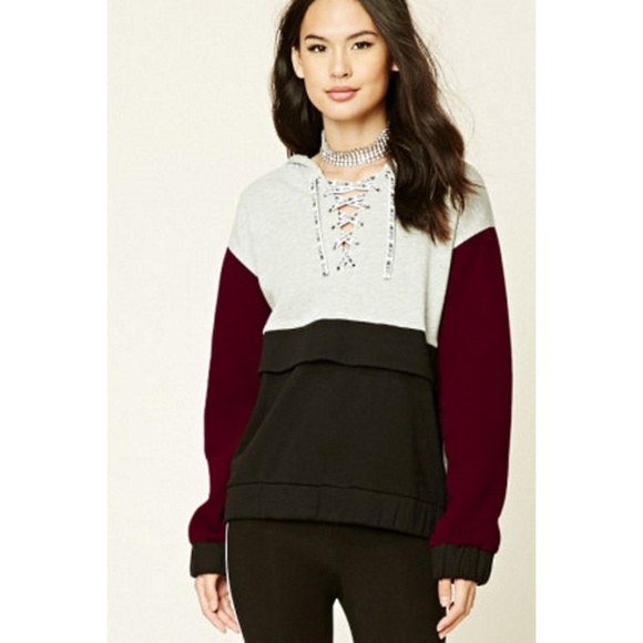 Tops - Color blocked lace up hoodie